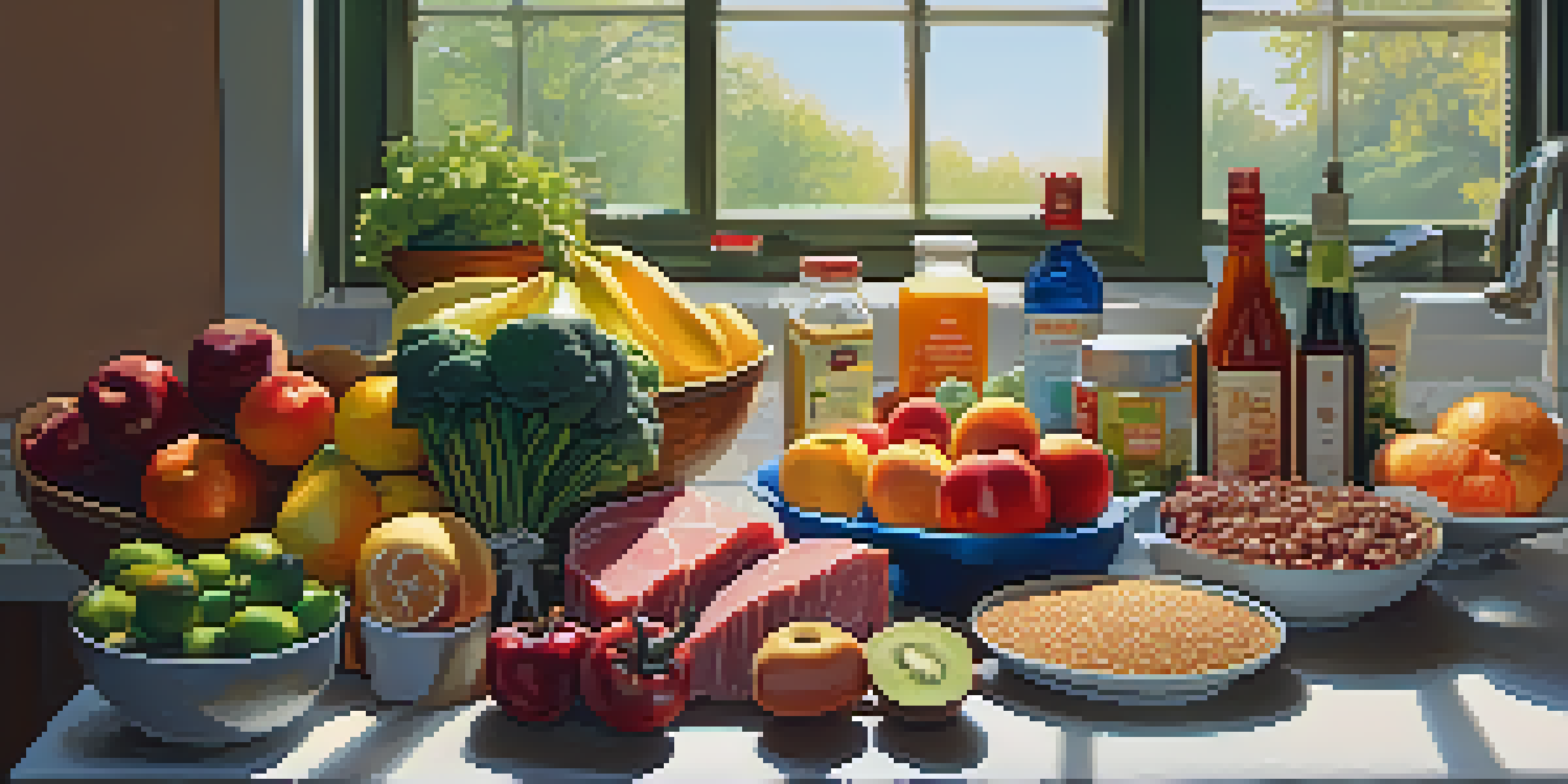 A bright kitchen counter displaying a variety of healthy foods such as lean meats, whole grains, fruits, and vegetables arranged appealingly.
