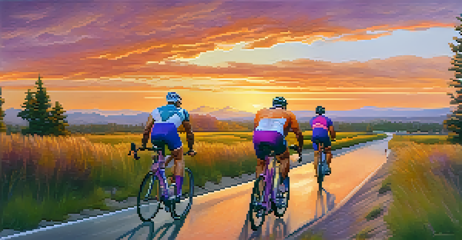A group of bodybuilders cycling on a scenic trail at sunset, with vibrant colors in the sky and a sense of camaraderie.