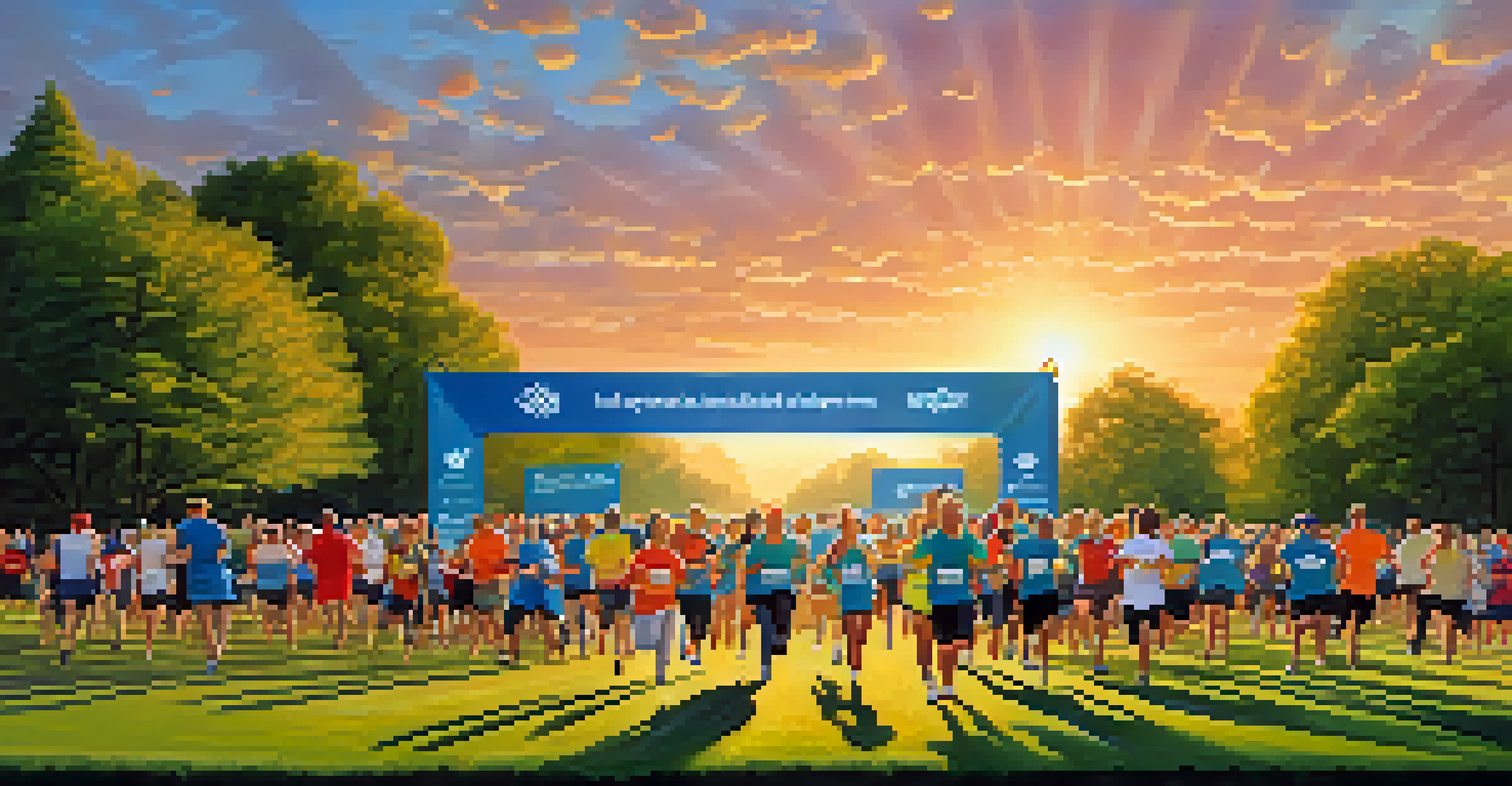 Participants engaged in a charity fitness challenge in a park, with a sunset backdrop and cheering crowd.