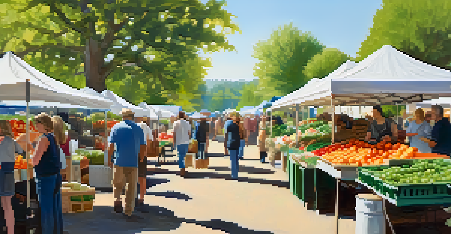 A charming farmers' market scene featuring fresh produce and community members interacting with local vendors in a sunlit environment.