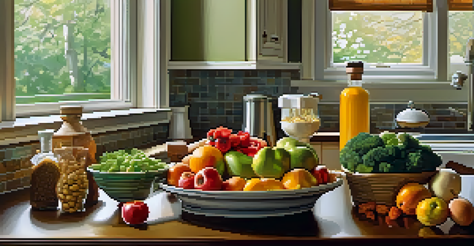 A bright and inviting kitchen countertop showcasing a variety of fresh fruits, vegetables, and protein sources, illuminated by natural sunlight.