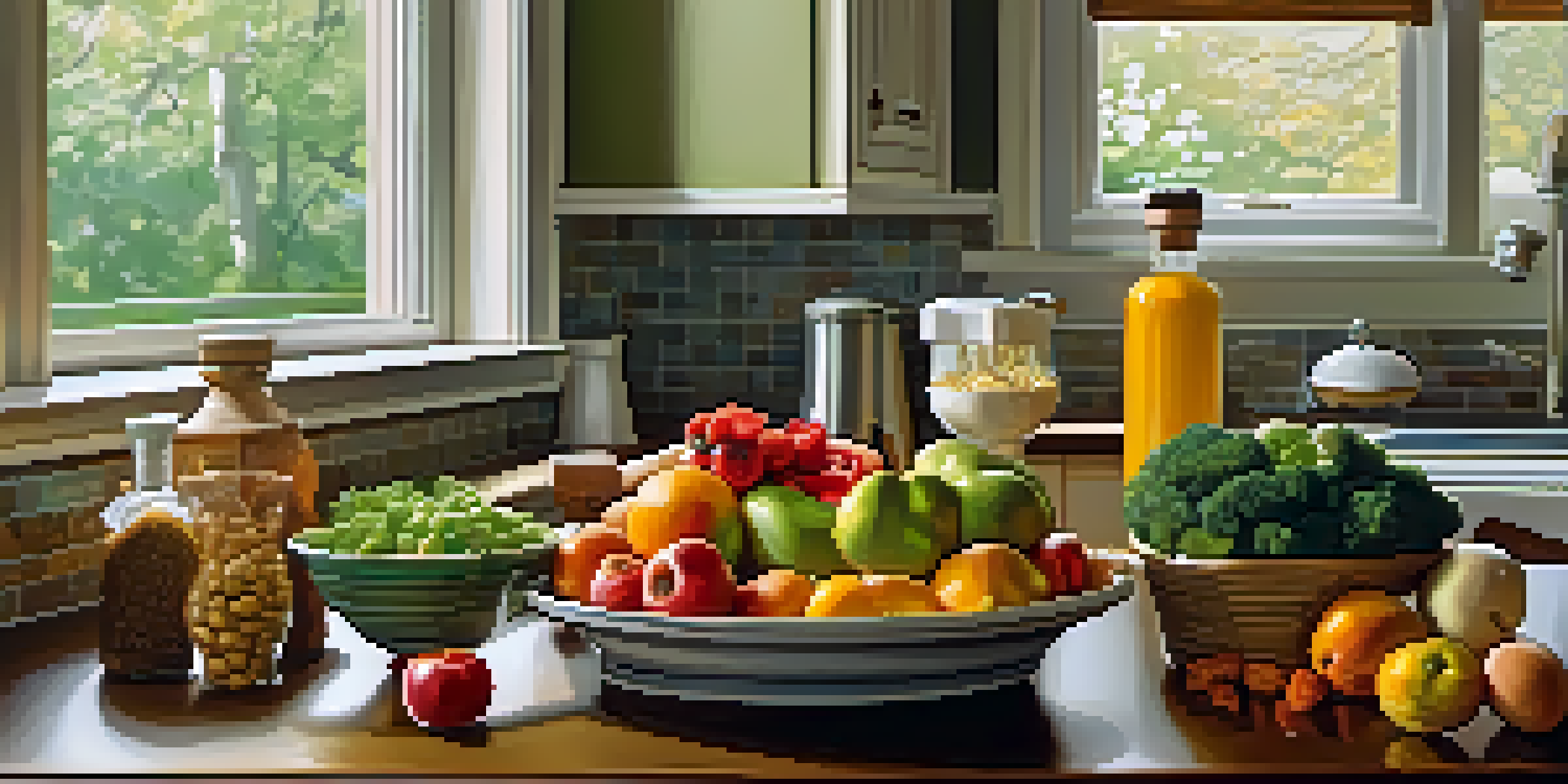A bright and inviting kitchen countertop showcasing a variety of fresh fruits, vegetables, and protein sources, illuminated by natural sunlight.