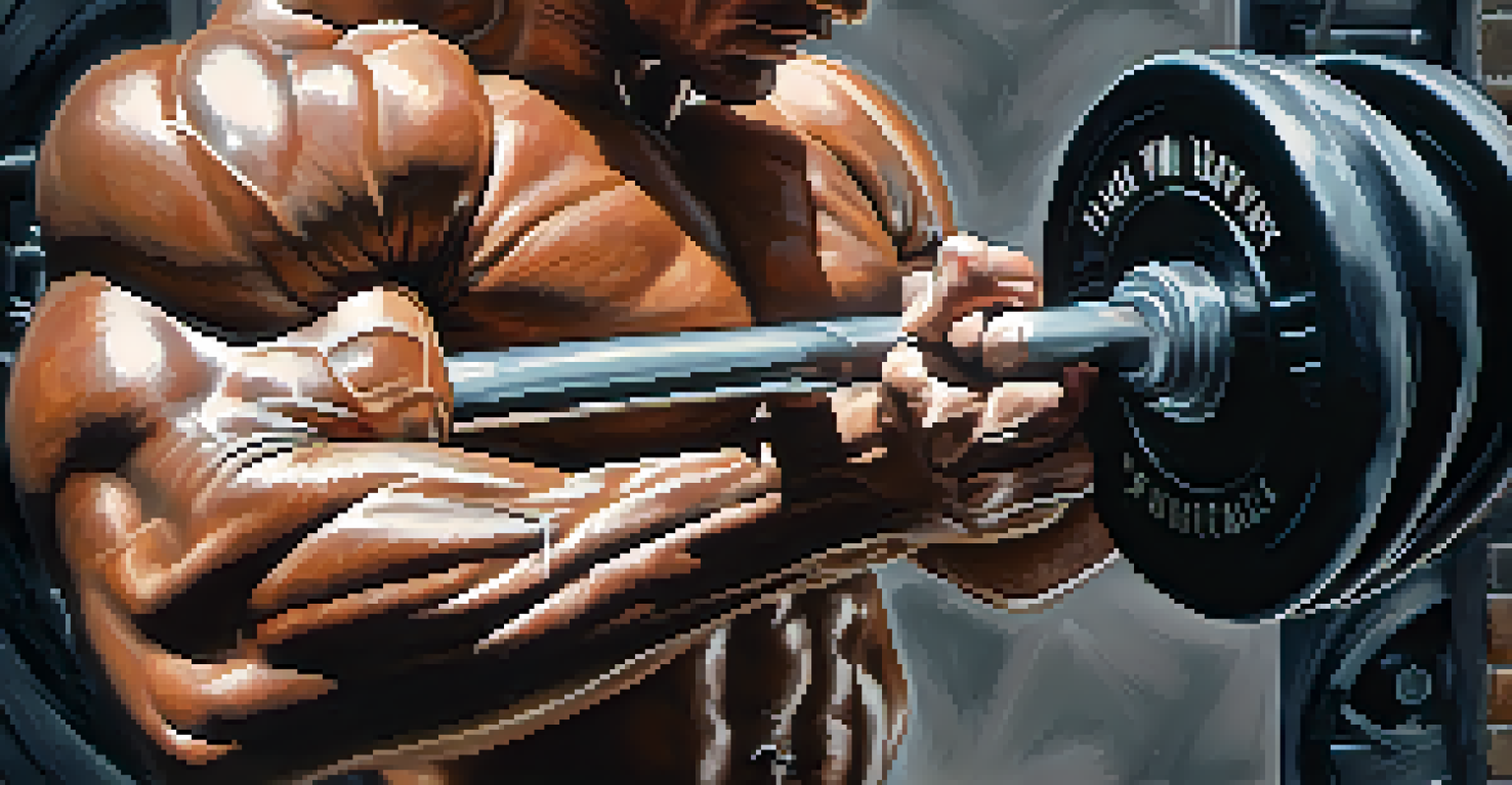 Close-up of a bodybuilder's strong hands gripping a barbell, with motivational quotes in the background.