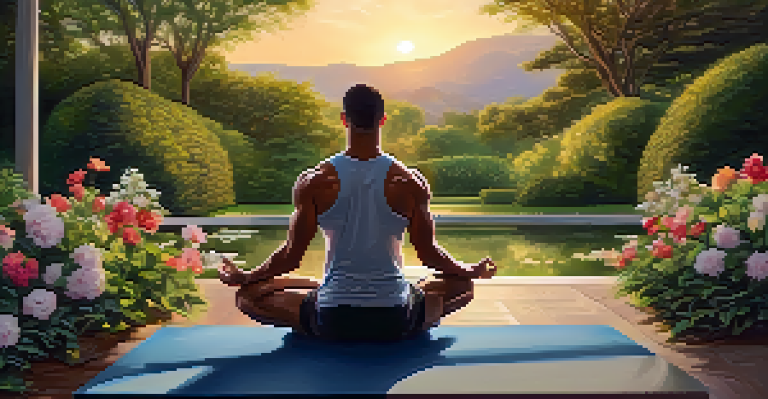 A bodybuilder meditating in a peaceful park, symbolizing the mental health benefits of bodybuilding.