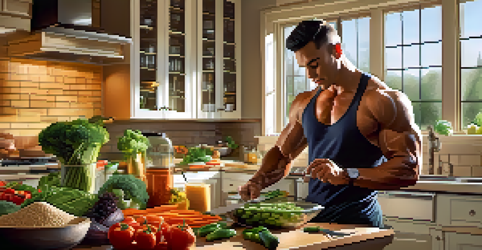 A bodybuilder in a cozy kitchen preparing a healthy vegan meal with fresh vegetables and grains on the counter.