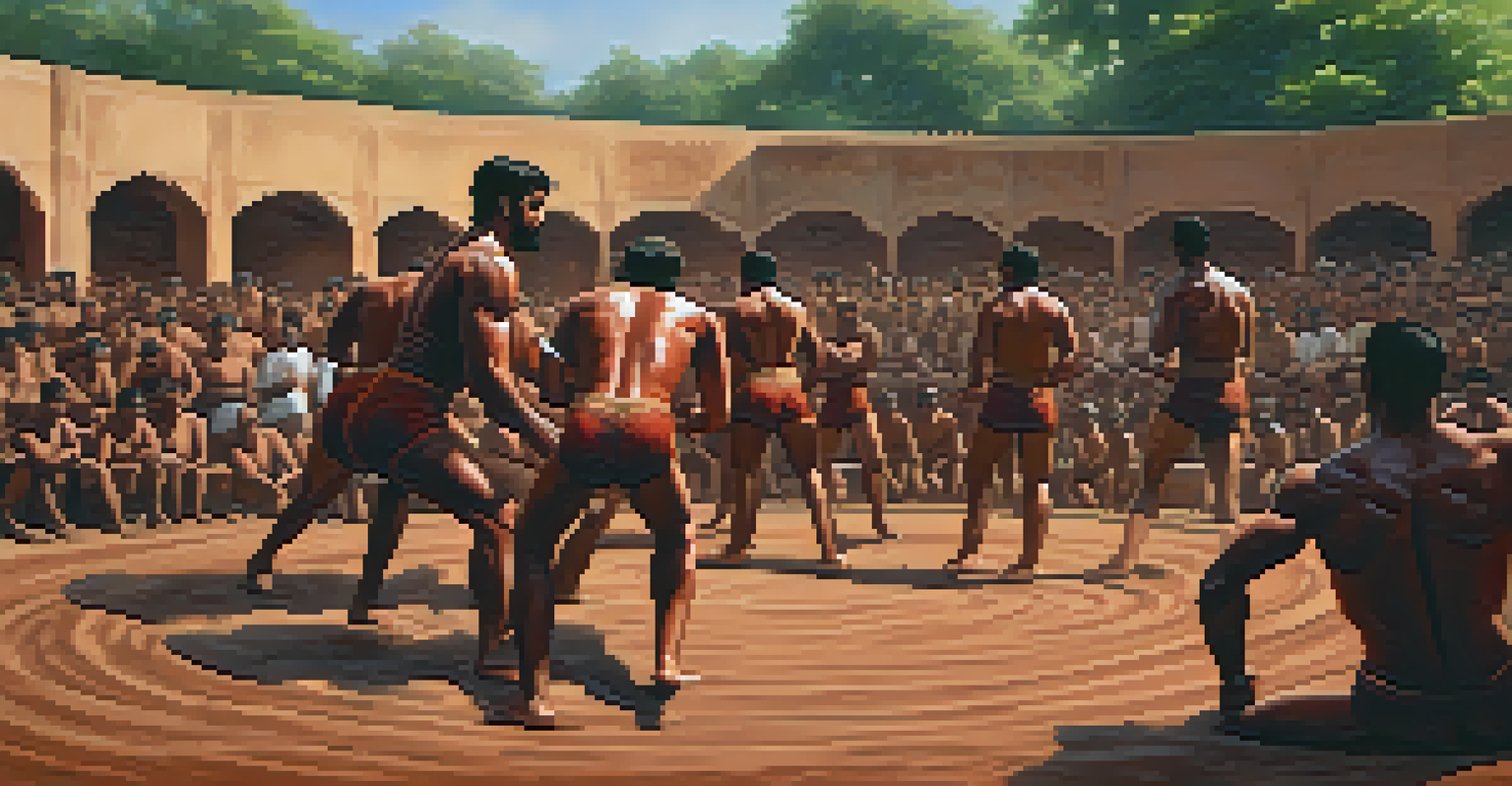 Indian wrestlers training in a clay pit outdoors, surrounded by green trees, showcasing their strength and determination.