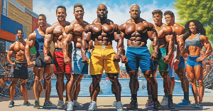 A diverse group of bodybuilders representing different ethnicities and body types, posing together outdoors under bright sunlight.