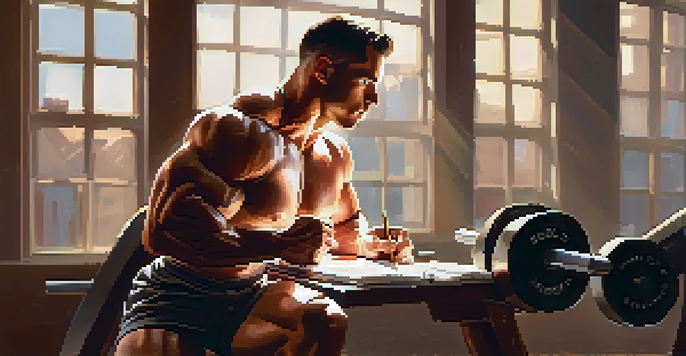 A bodybuilder in a gym writing in a notebook, surrounded by weights and a mirror, with sunlight streaming through a window.