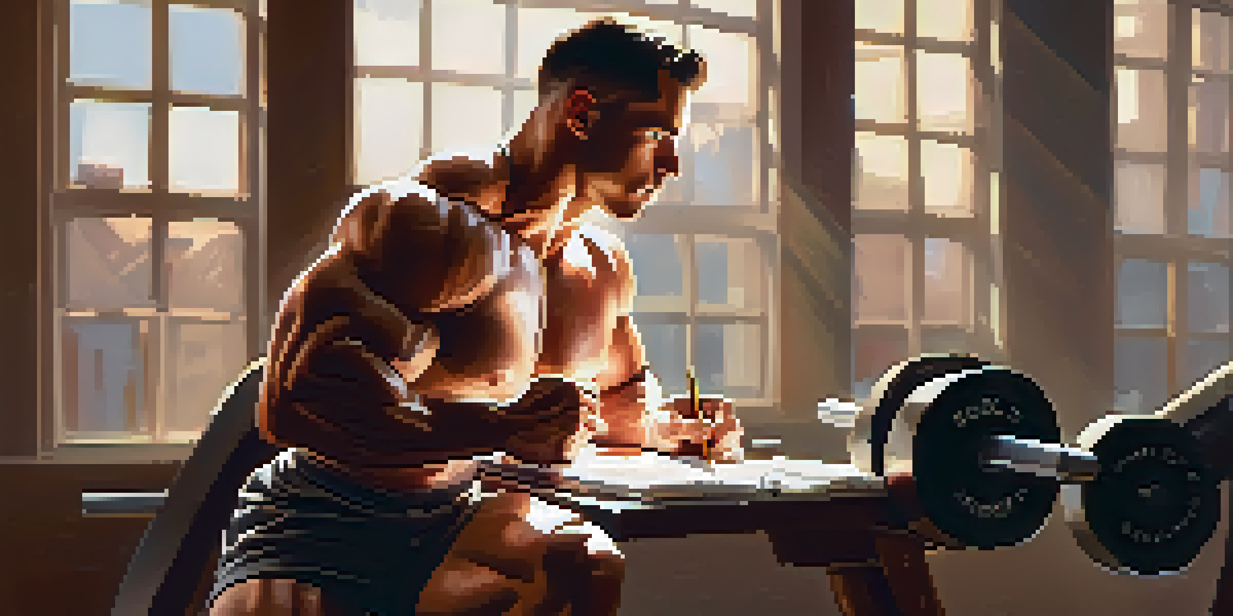 A bodybuilder in a gym writing in a notebook, surrounded by weights and a mirror, with sunlight streaming through a window.