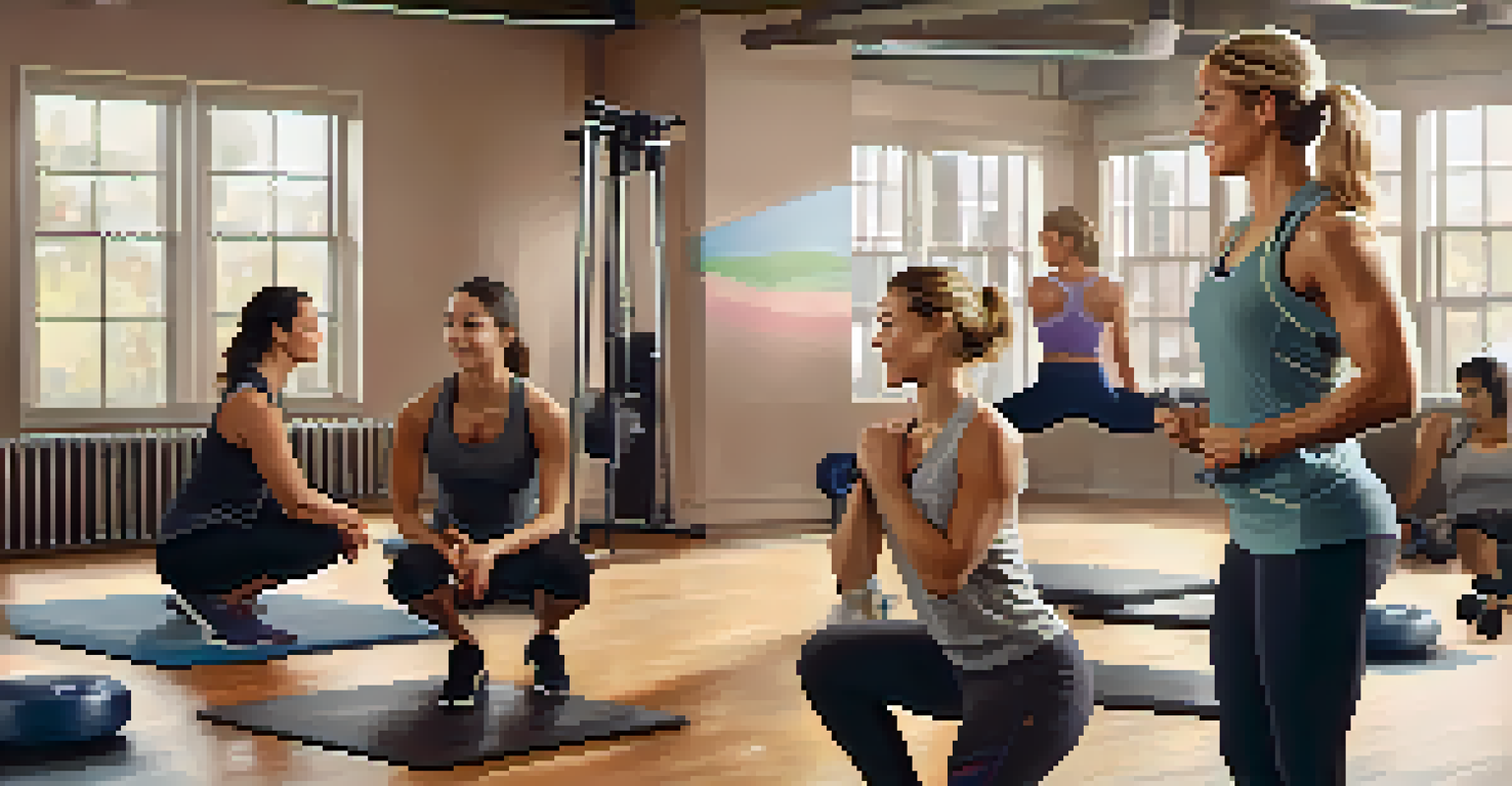 A female trainer demonstrating safe lifting techniques to a group of women in a gym.