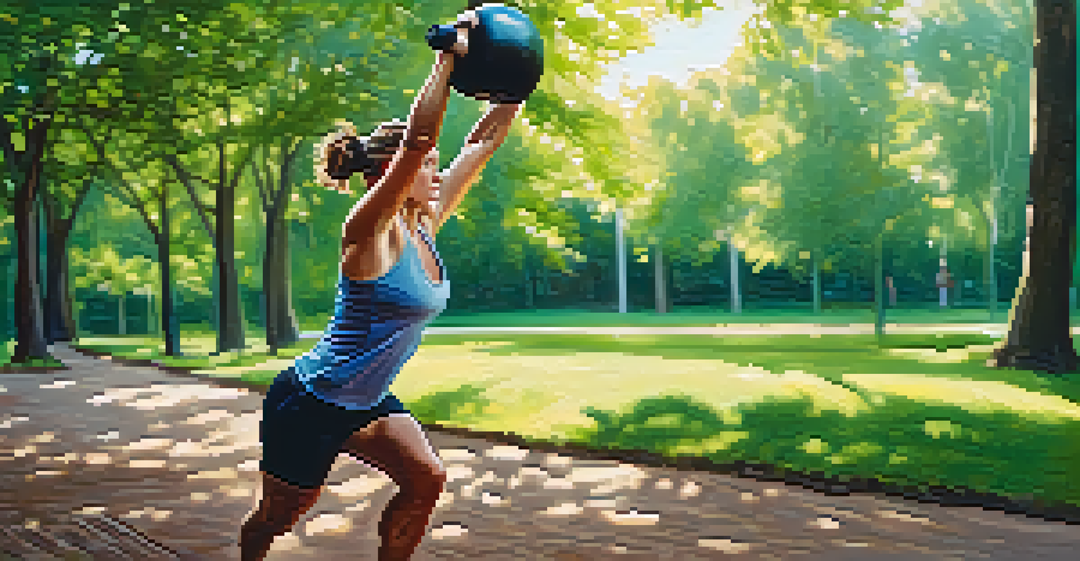 A close-up of an athlete swinging a kettlebell in a park, showcasing athleticism and focus.