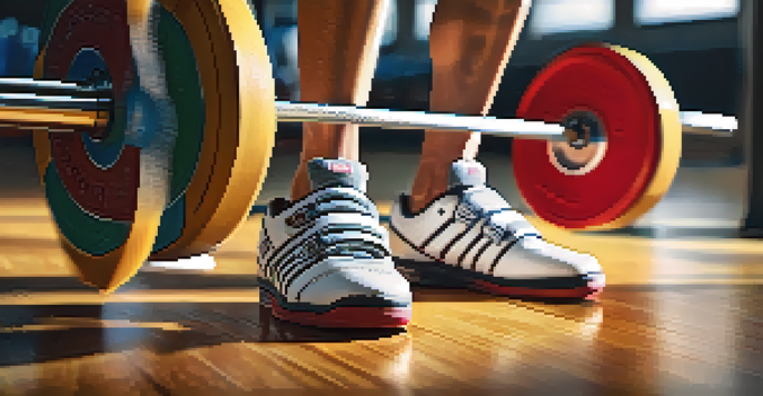 Close-up of weightlifting shoes on a gym floor, emphasizing the shoe's design and texture, with gym equipment in the background.