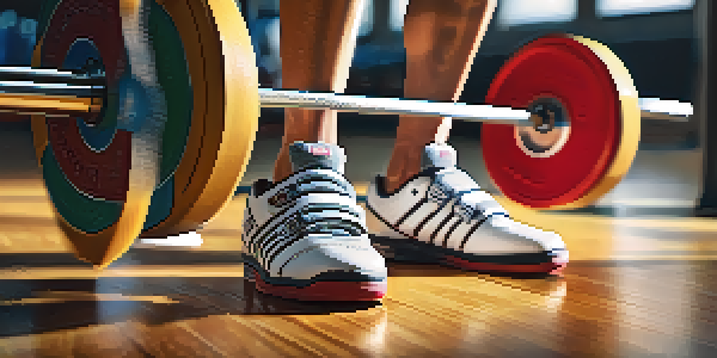 Close-up of weightlifting shoes on a gym floor, emphasizing the shoe's design and texture, with gym equipment in the background.