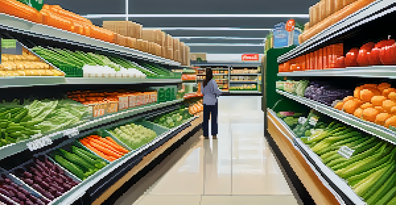 A shopper in a grocery store aisle filled with fresh produce and dairy products, illuminated by natural light.