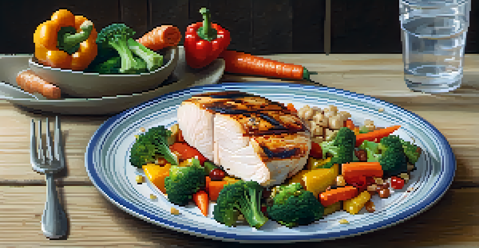 A colorful and nutritious meal plate with grilled chicken, quinoa, and vegetables on a wooden table.