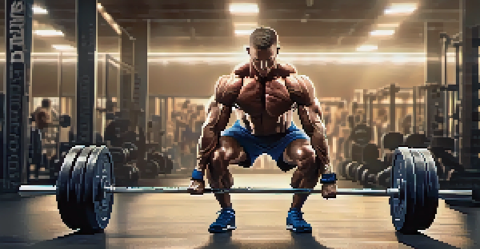 A bodybuilder lifting weights in a gym, showing intense focus and well-defined muscles.