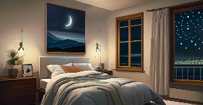 A cozy bedroom at night with soft lighting, a neatly made bed, and a starry sky visible through the window.