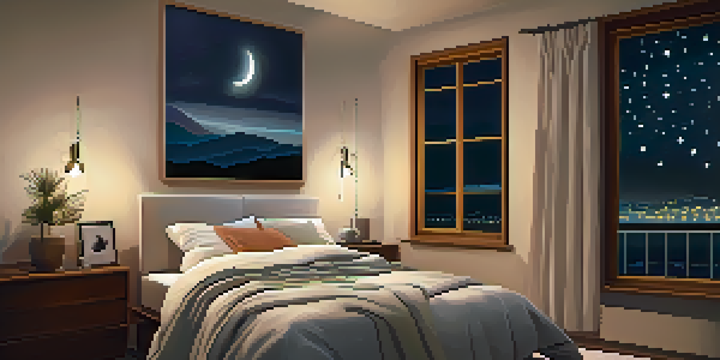 A cozy bedroom at night with soft lighting, a neatly made bed, and a starry sky visible through the window.