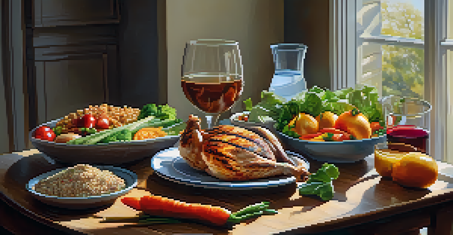 A nutritious meal featuring grilled chicken, quinoa, and fresh vegetables on a wooden table, illuminated by natural sunlight.