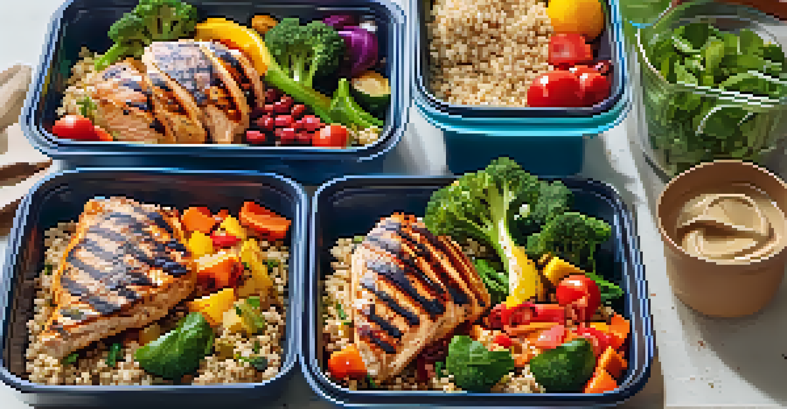 A meal prep display with grilled chicken, quinoa, and colorful vegetables in containers on a rustic wooden table.