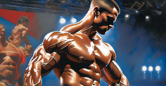 A bodybuilder flexing on stage with defined muscles and a confident expression.