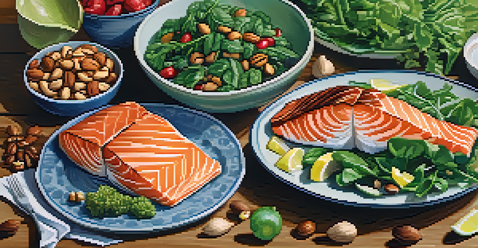 A colorful plate of healthy foods including greens, nuts, and salmon, emphasizing nutrition and wellness.