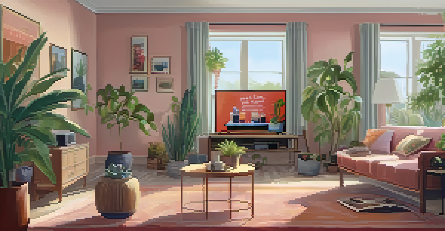 A person doing lateral raises with canned goods in a cozy living room, with plants and a TV in the background.