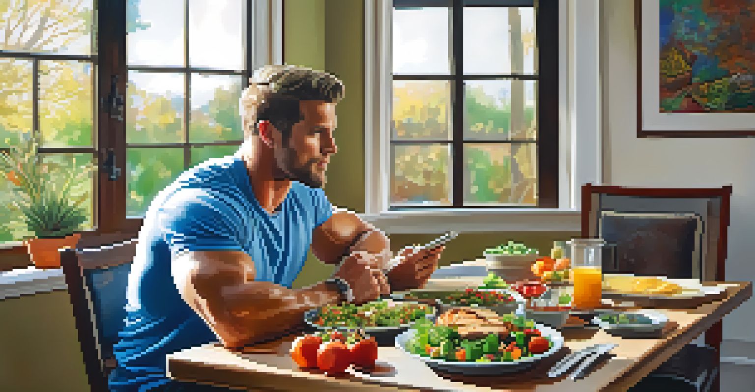 A bodybuilder enjoying a healthy meal at a table, with a notebook nearby for meal planning.