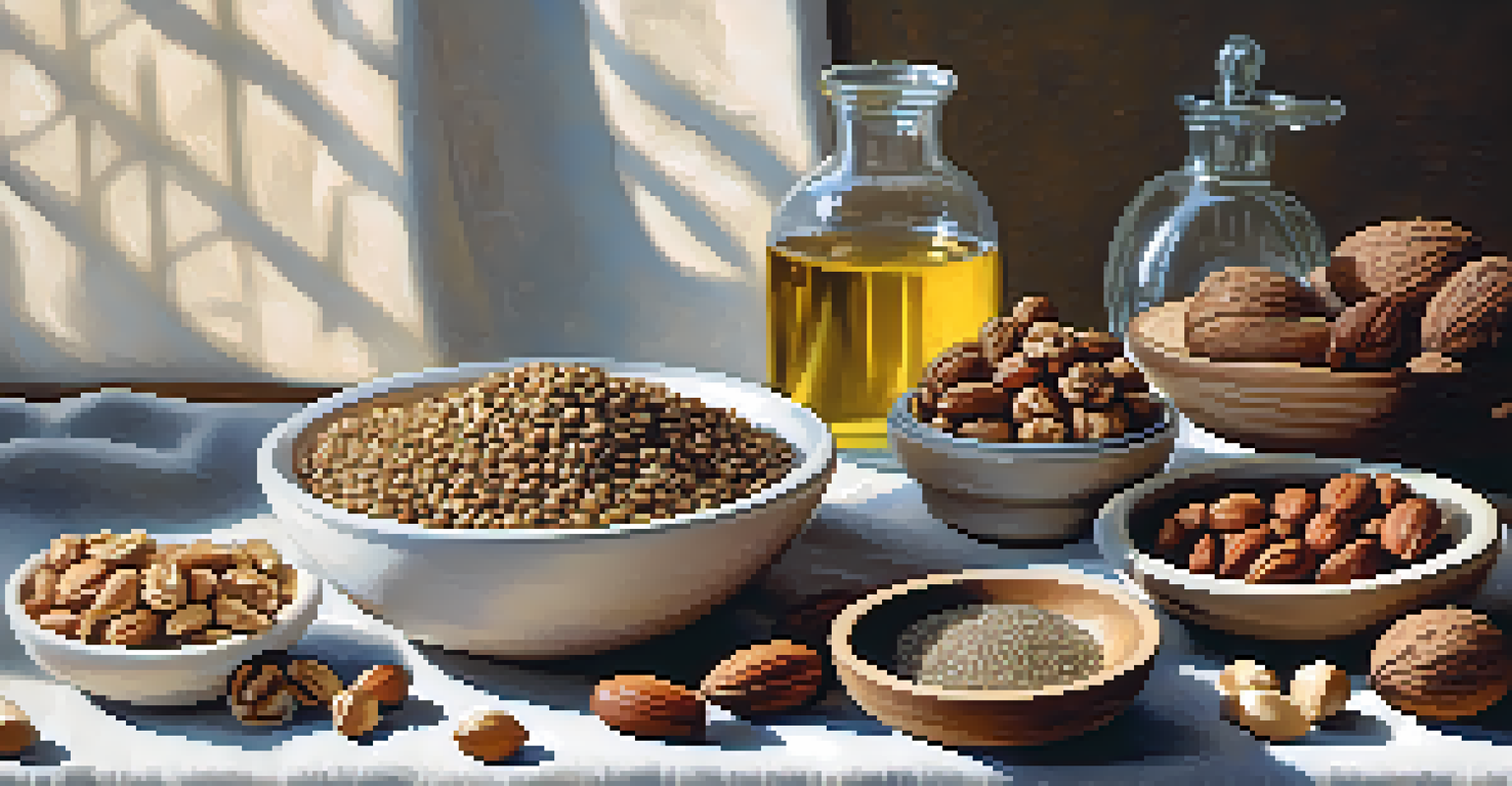An arrangement of walnuts, chia seeds, and flaxseed oil on a textured cloth.