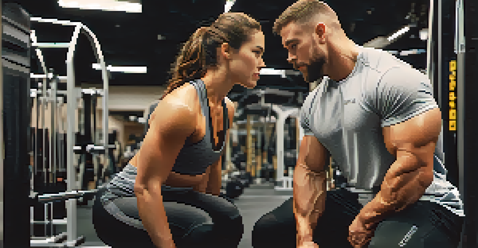 Two bodybuilders assisting each other with lifting techniques in a gym, showcasing teamwork and support with gym equipment around them.