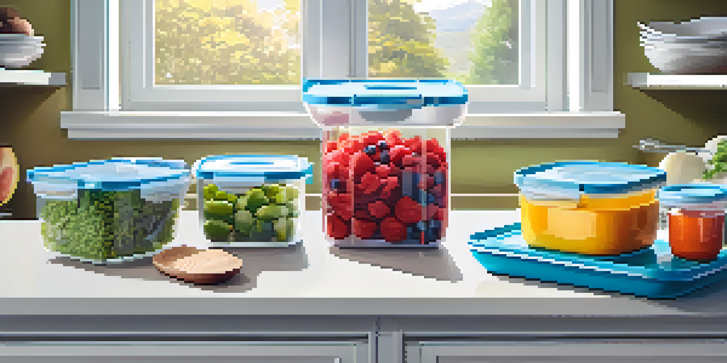 A kitchen countertop with meal prep containers filled with colorful meals and a digital food scale, illuminated by natural light.