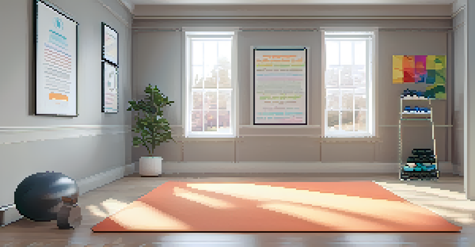 An indoor fitness space with yoga mat, foam roller, and resistance bands, designed for mobility work.