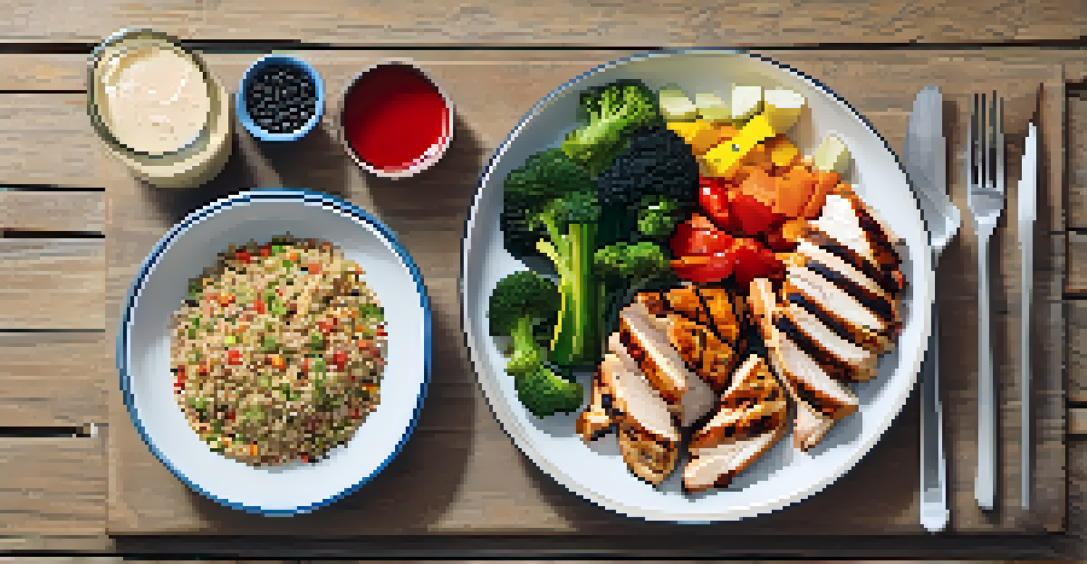 A balanced meal with grilled chicken and quinoa, accompanied by supplements on a wooden table.