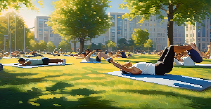 A diverse group of people exercising outdoors in a park, performing bodyweight exercises like push-ups and squats under a clear blue sky.