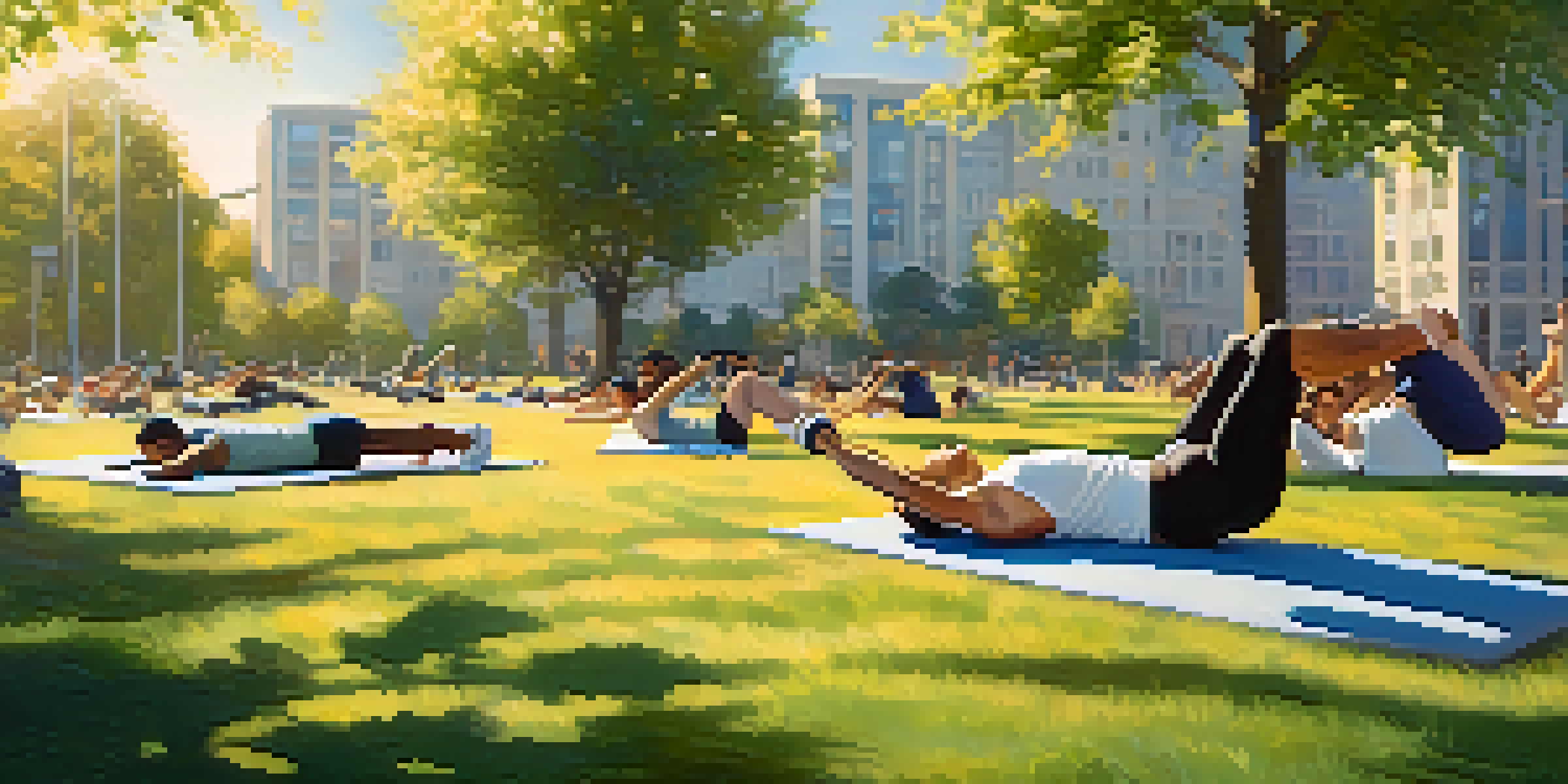 A diverse group of people exercising outdoors in a park, performing bodyweight exercises like push-ups and squats under a clear blue sky.