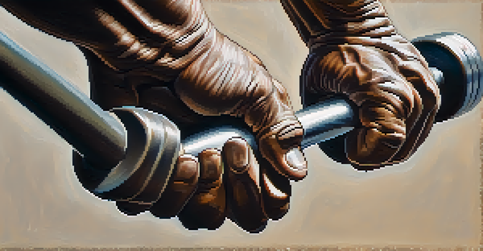 A close-up view of a weightlifter's hands gripping a barbell, highlighting the texture and strength involved in weightlifting.