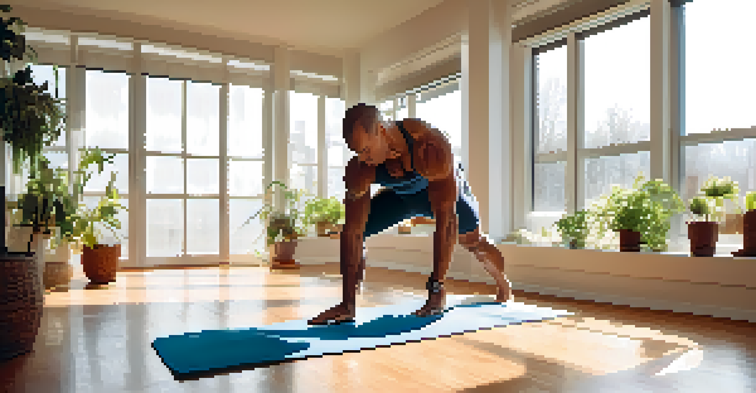 A bodybuilder doing yoga stretches in a bright room with natural light and plants.
