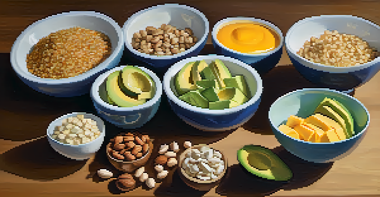 A visually appealing display of macronutrients on a wooden table, featuring proteins, healthy fats, and carbohydrates in separate bowls.