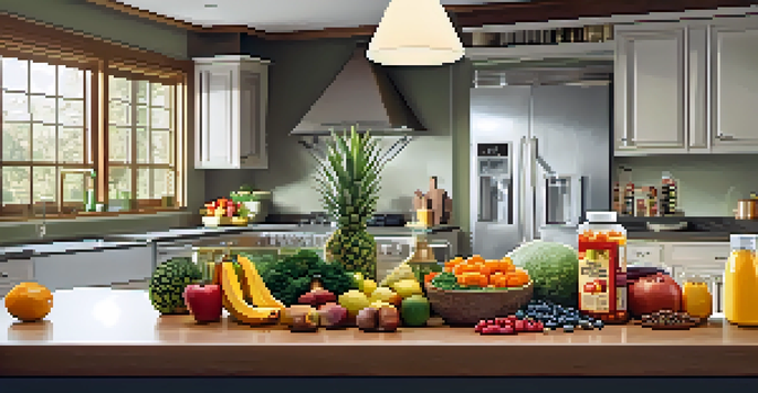 A kitchen countertop displaying a variety of fresh foods including fruits, vegetables, and lean proteins, alongside a multivitamin bottle, all under warm natural lighting.