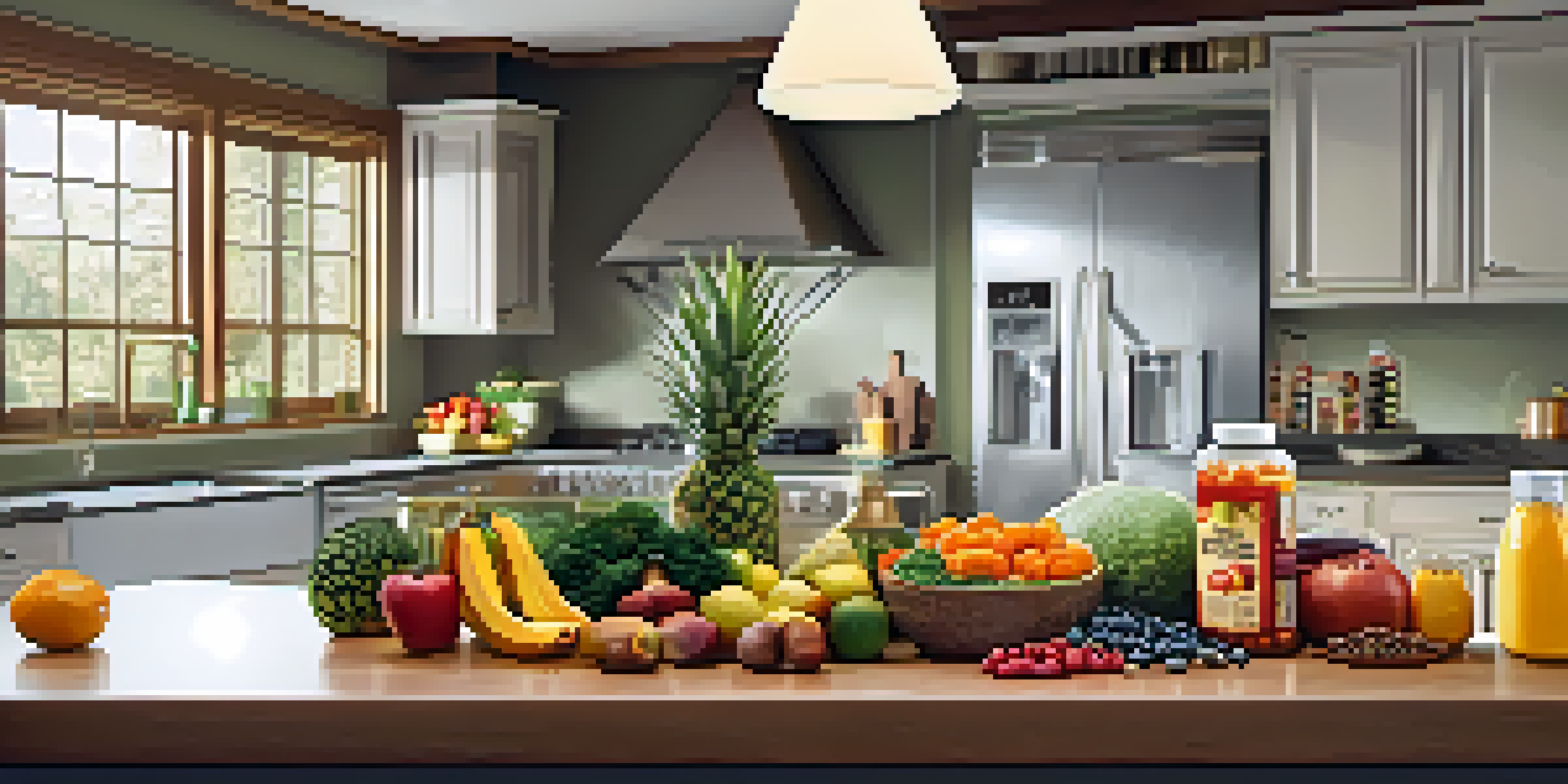 A kitchen countertop displaying a variety of fresh foods including fruits, vegetables, and lean proteins, alongside a multivitamin bottle, all under warm natural lighting.