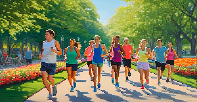 A diverse group of people performing cardio exercises in a park, including running, cycling, and brisk walking against a backdrop of trees and flowers.