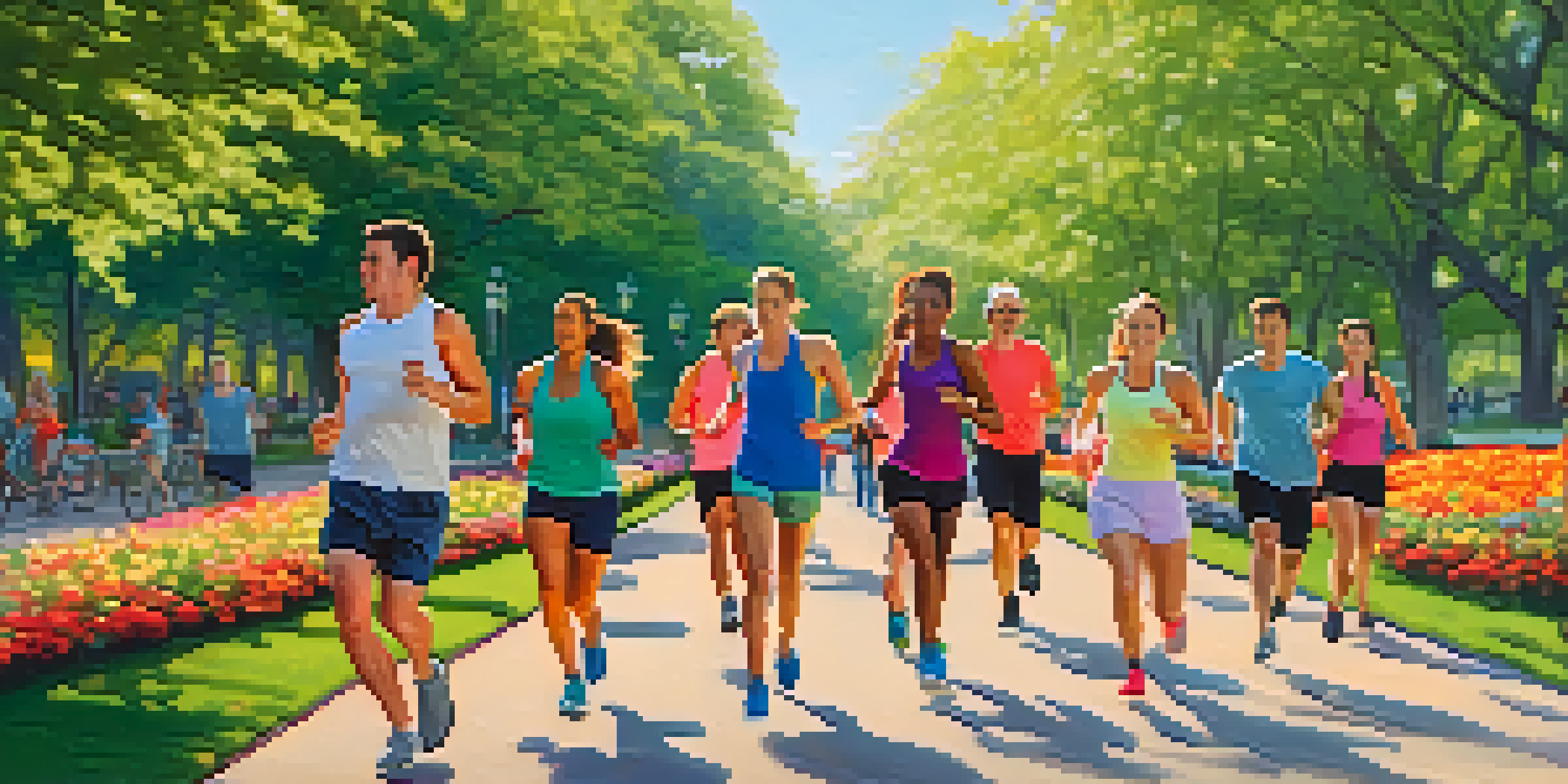 A diverse group of people performing cardio exercises in a park, including running, cycling, and brisk walking against a backdrop of trees and flowers.