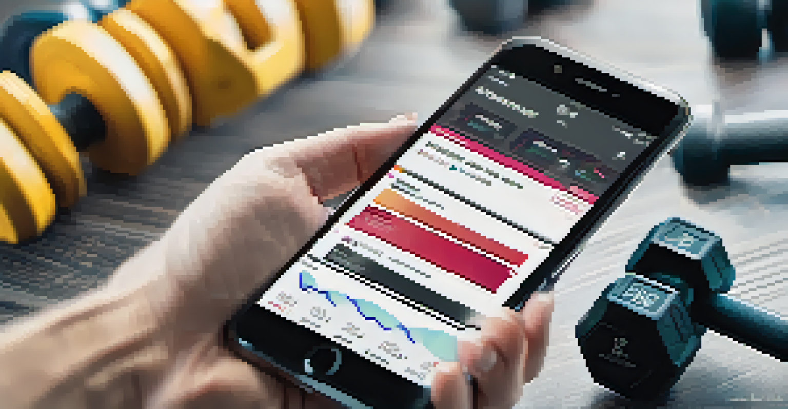 A close-up of a fitness app on a smartphone, showing a workout plan with gym equipment in the background.