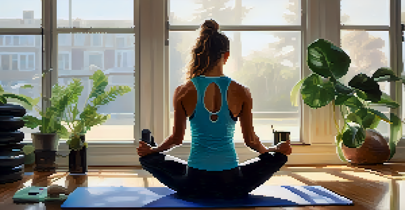 An indoor gym with a person resting on a yoga mat, surrounded by light fitness equipment and plants, illuminated by soft natural light.