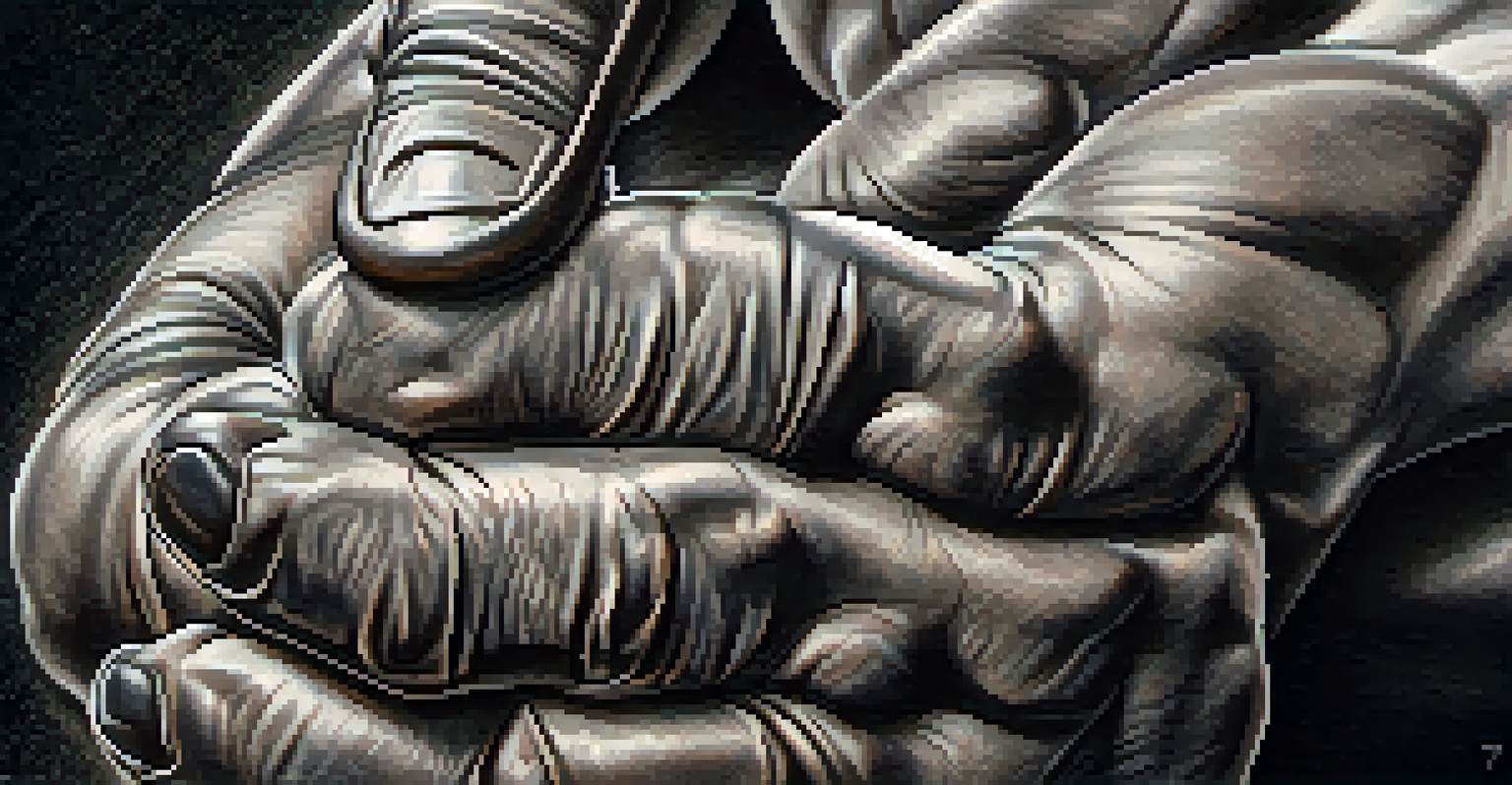 Close-up of a bodybuilder's hands gripping a climbing hold with chalk dust.