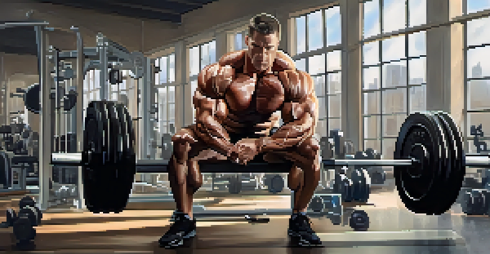 A bodybuilder lifting weights on a bench press in a bright gym filled with fitness equipment.