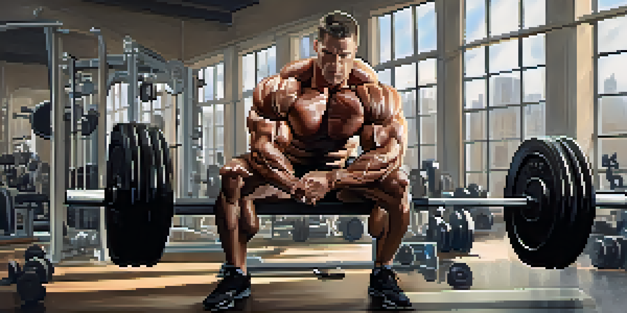 A bodybuilder lifting weights on a bench press in a bright gym filled with fitness equipment.