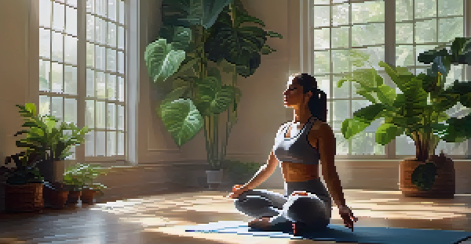 A woman practicing yoga in a bright room filled with plants, showcasing tranquility and mindfulness.