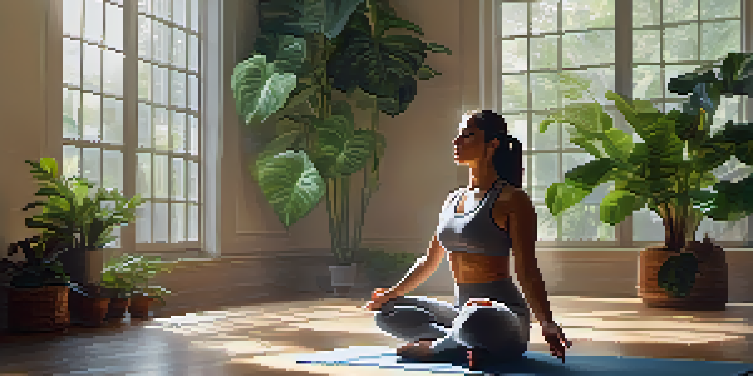 A woman practicing yoga in a bright room filled with plants, showcasing tranquility and mindfulness.