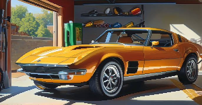 A shiny sports car in a well-lit garage with tools and nutrition supplements, representing the concept of optimal fueling.